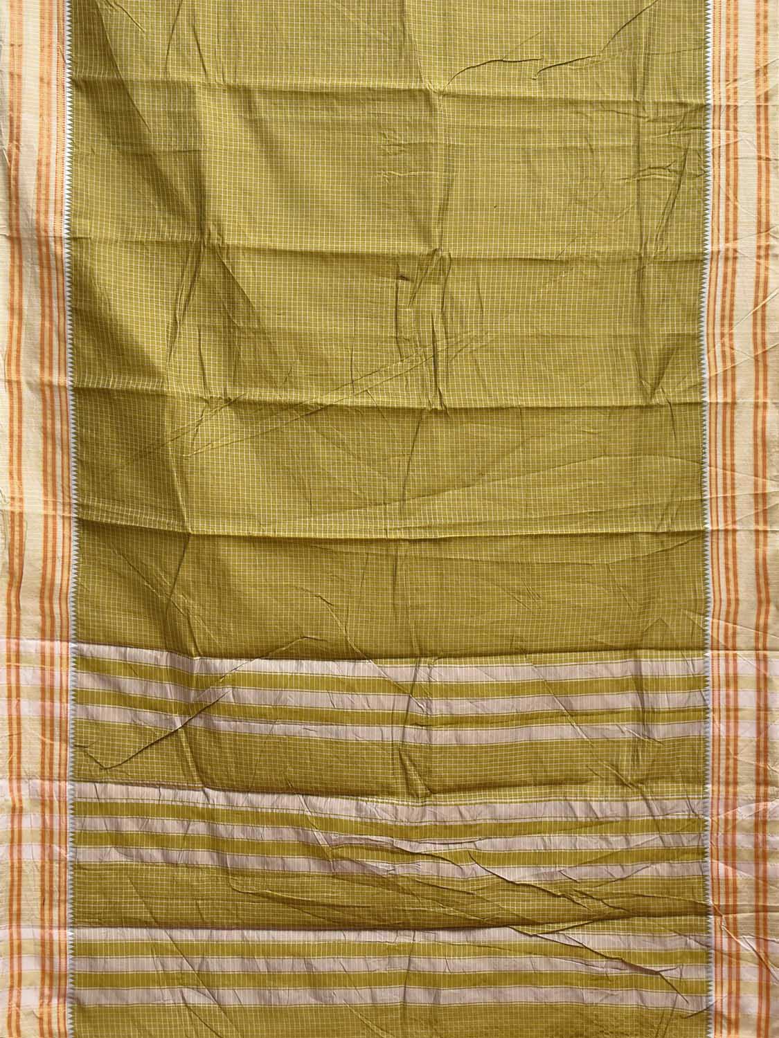 Olive and White Bamboo Cotton Saree with Checks Design No Blouse bc1100
