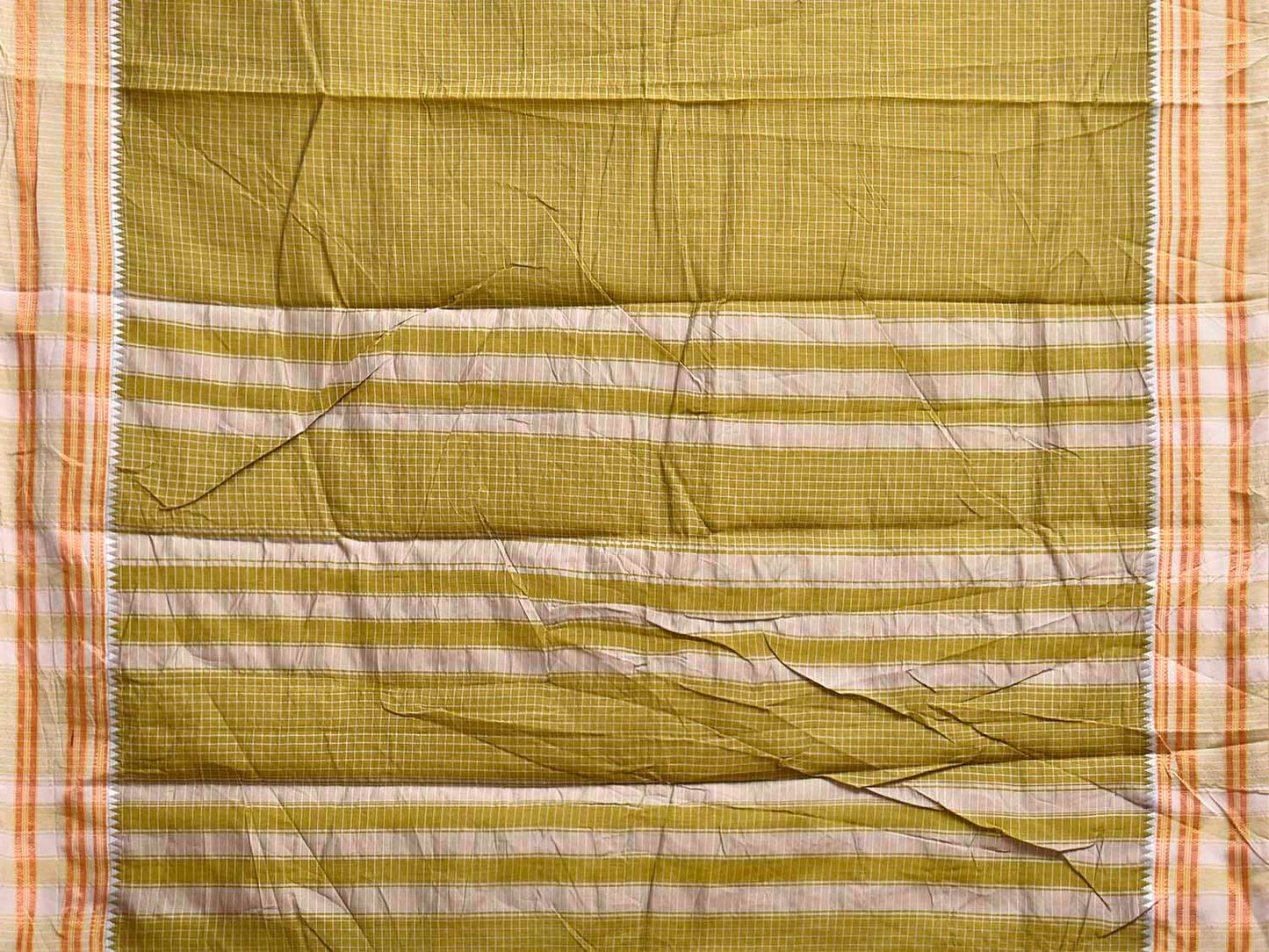 Olive and White Bamboo Cotton Saree with Checks Design No Blouse bc1100