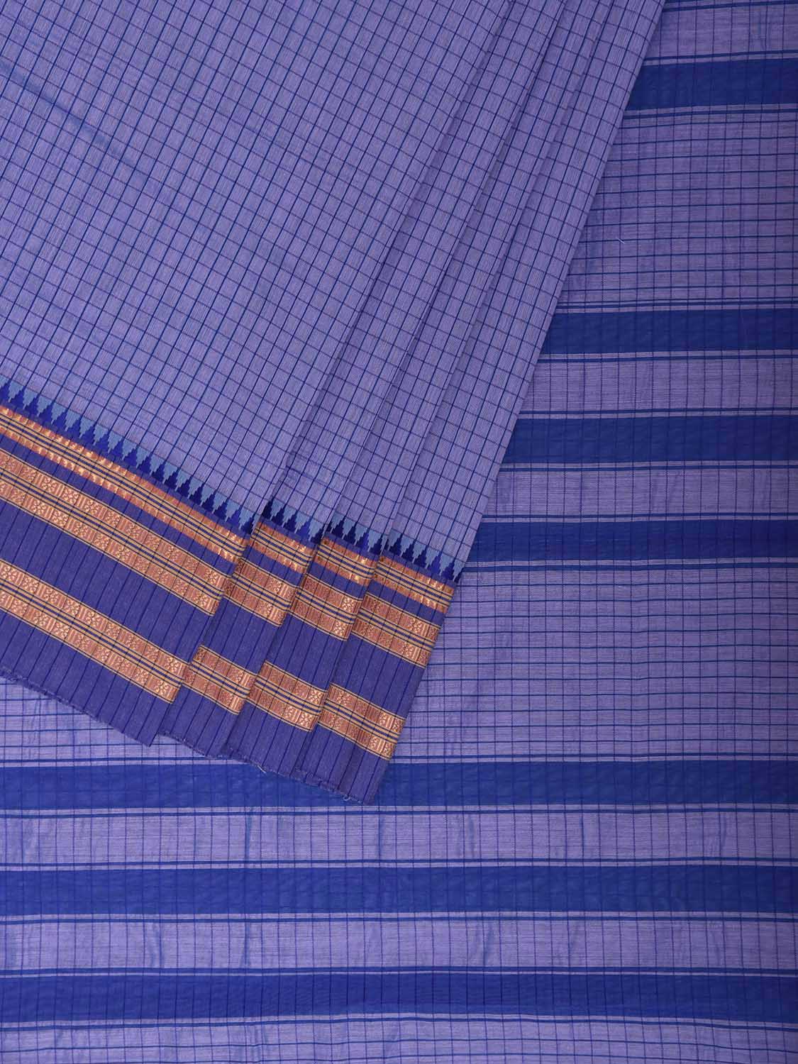Lavender and Blue Bamboo Cotton Saree with Checks Design No Blouse bc1101