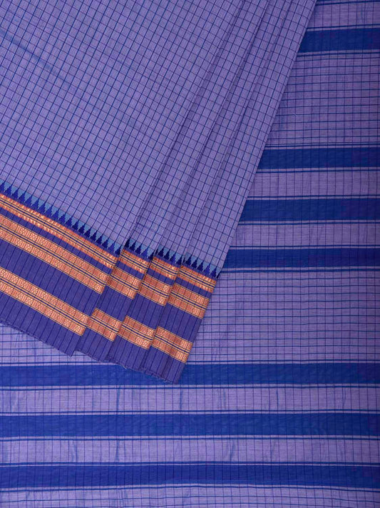 Lavender and Blue Bamboo Cotton Saree with Checks Design No Blouse bc1101
