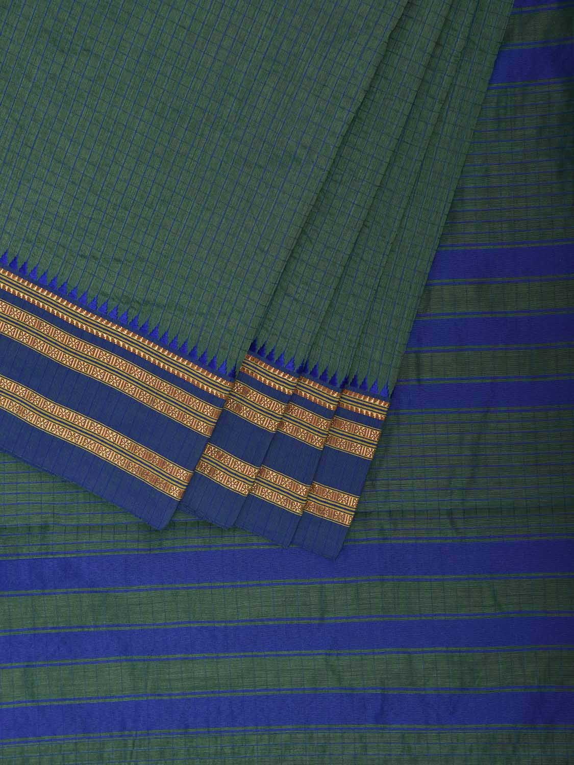 Green and Blue Bamboo Cotton Saree with Checks Design No Blouse bc1102