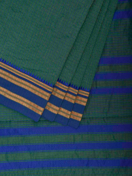 Green and Blue Bamboo Cotton Saree with Checks Design No Blouse bc1102