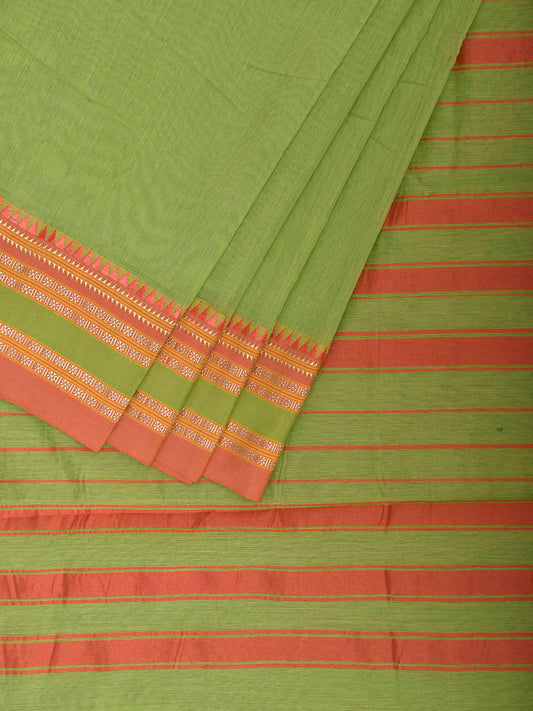 Light Green Bamboo Cotton Plain Saree with Strips Pallu Design No Blouse bc1103
