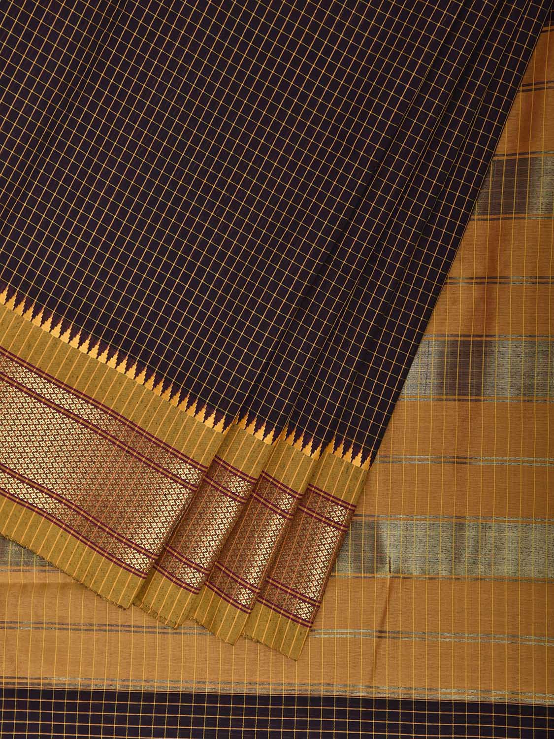 Dark Wine and Mustard Bamboo Cotton Saree with Checks and Paithani Border Design No Blouse bc1104