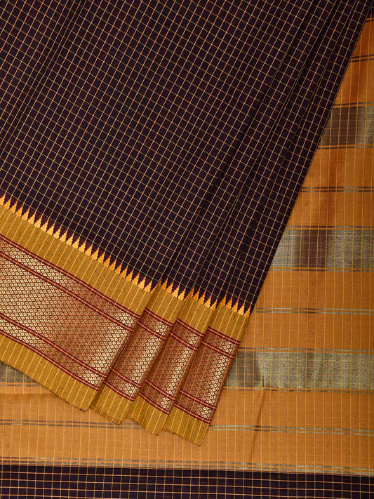 Dark Wine and Mustard Bamboo Cotton Saree with Checks and Paithani Border Design No Blouse bc1104