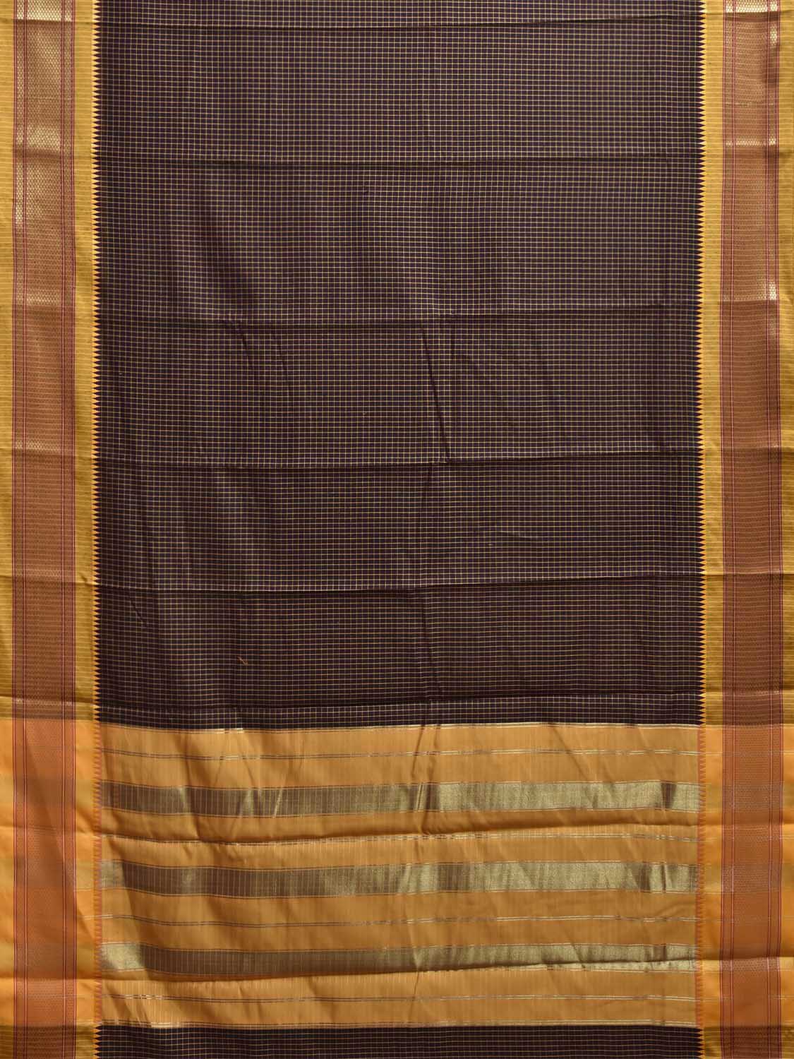 Dark Wine and Mustard Bamboo Cotton Saree with Checks and Paithani Border Design No Blouse bc1104