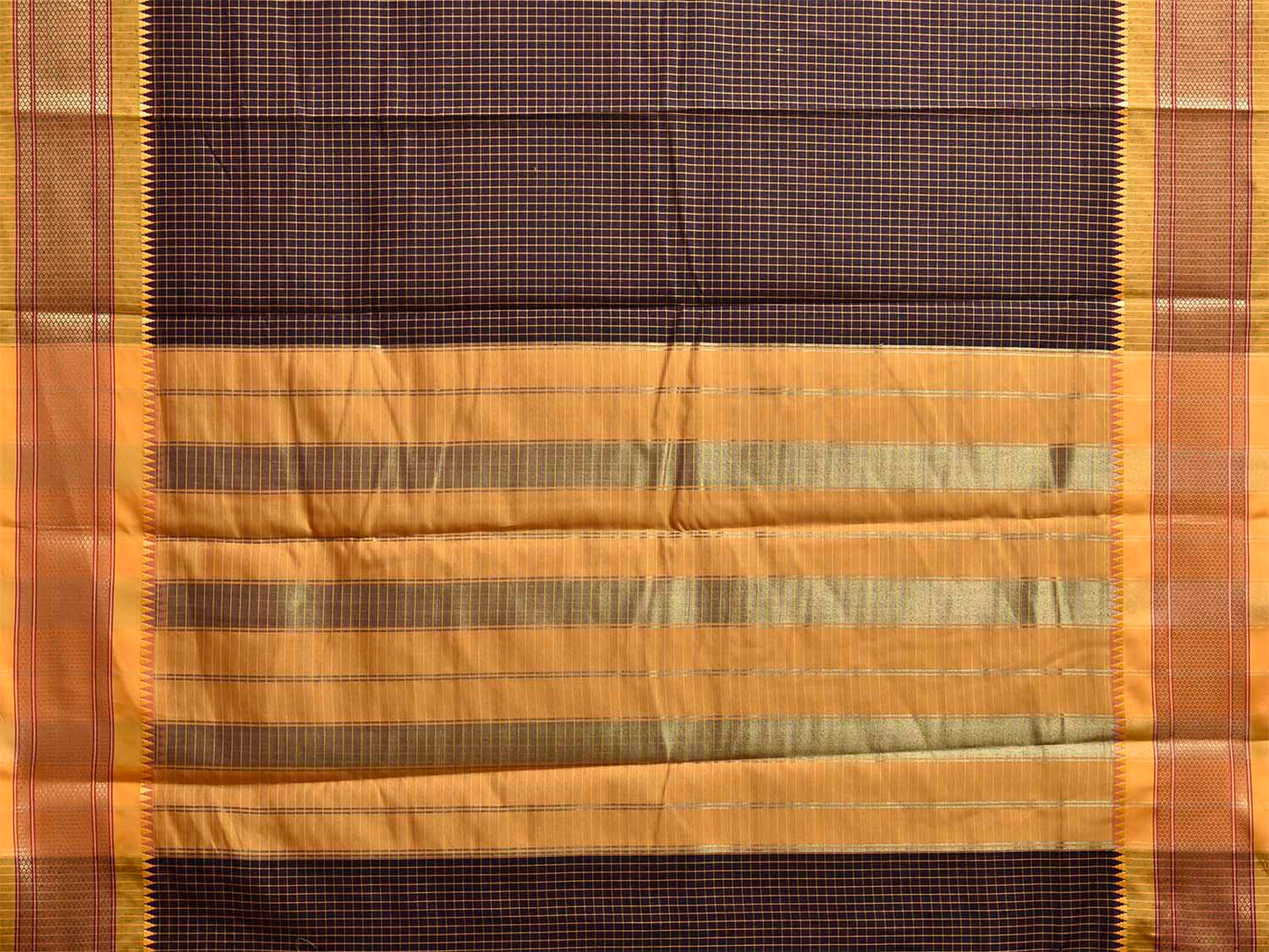 Dark Wine and Mustard Bamboo Cotton Saree with Checks and Paithani Border Design No Blouse bc1104