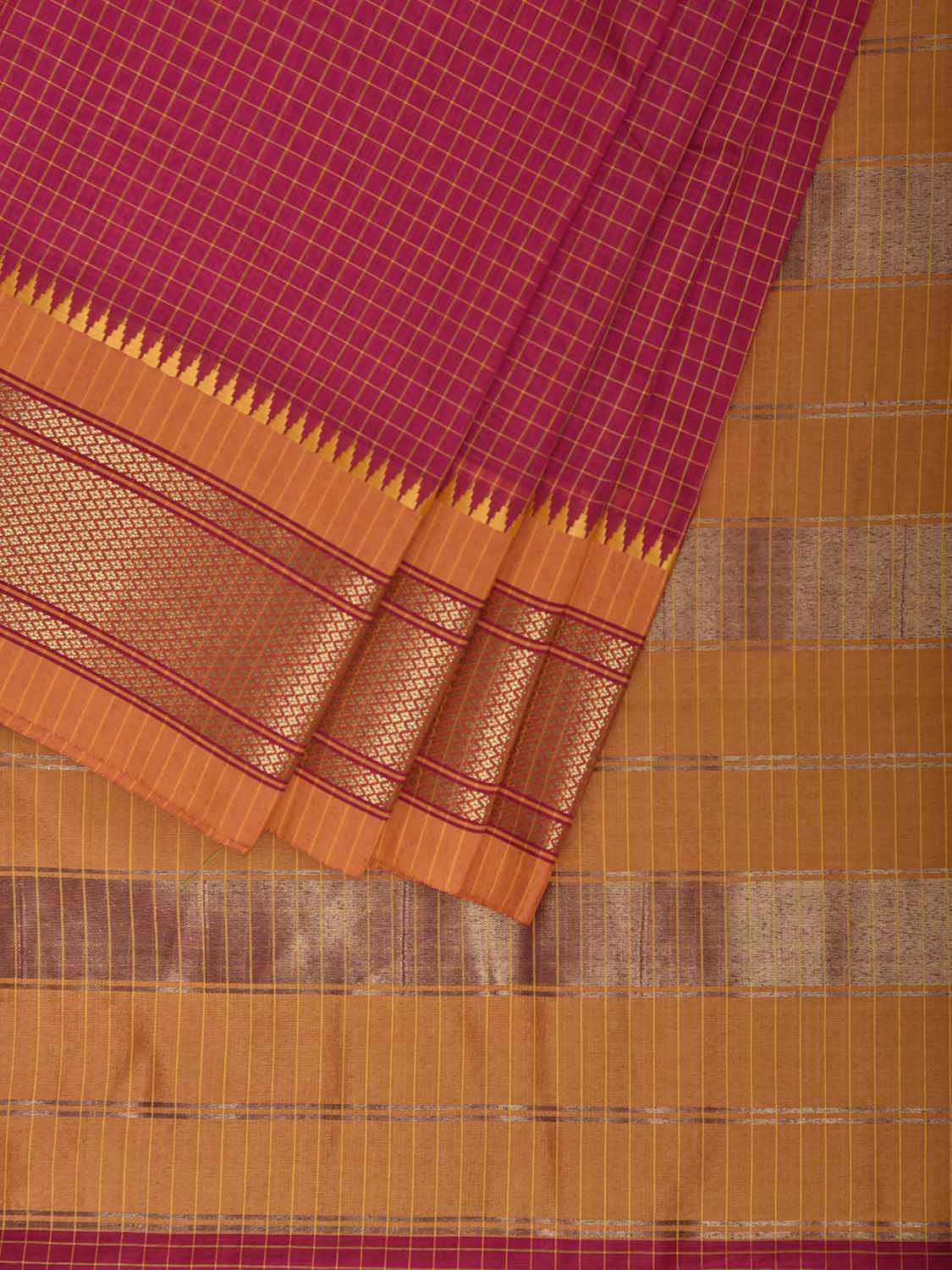 Pink and Mustard Bamboo Cotton Saree with Checks and Paithani Border Design No Blouse bc1105