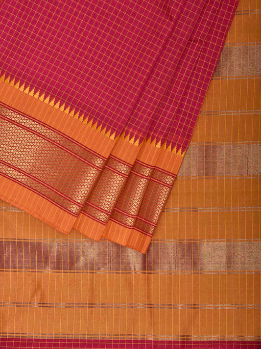 Pink and Mustard Bamboo Cotton Saree with Checks and Paithani Border Design No Blouse bc1105