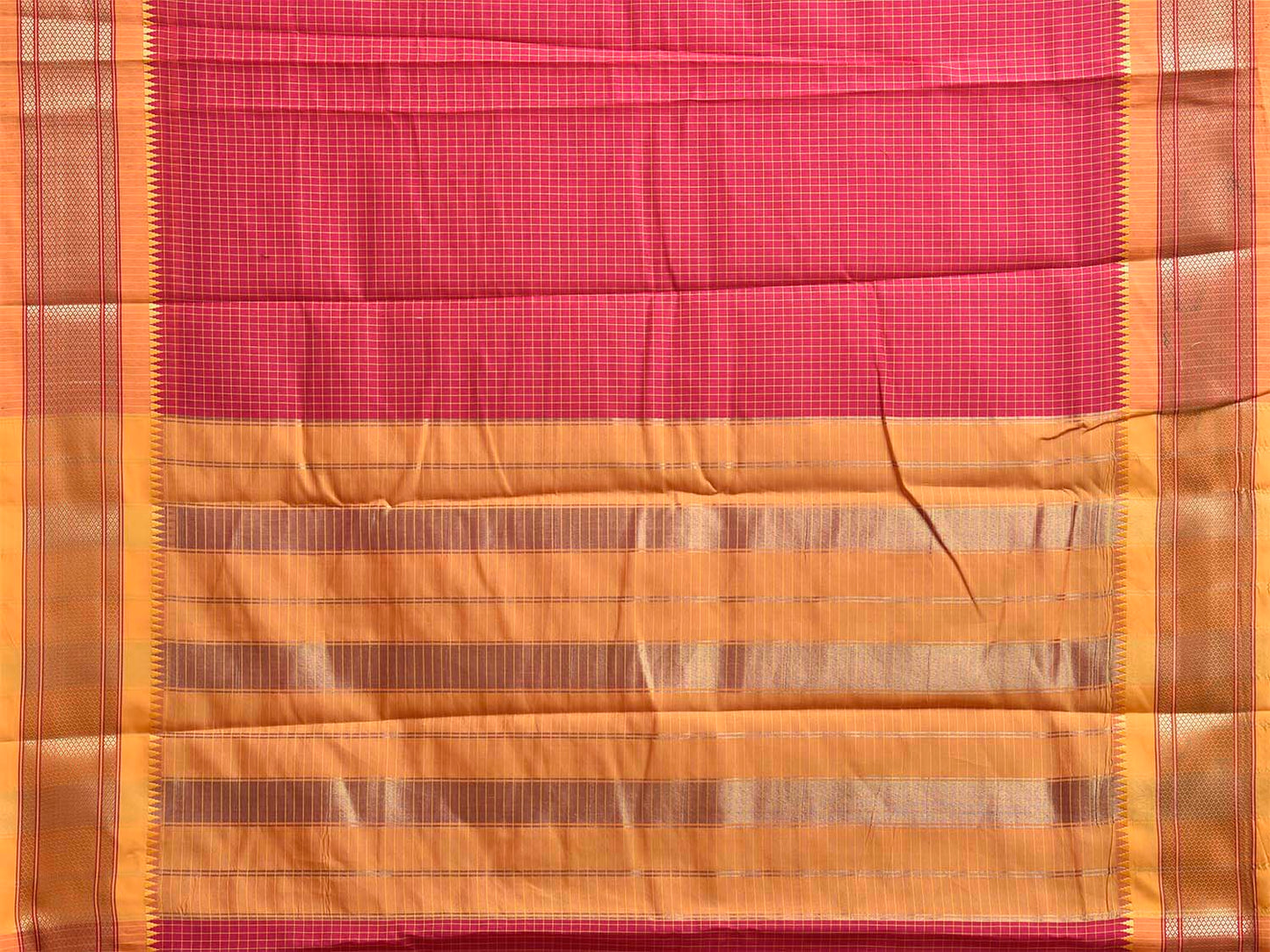 Pink and Mustard Bamboo Cotton Saree with Checks and Paithani Border Design No Blouse bc1105