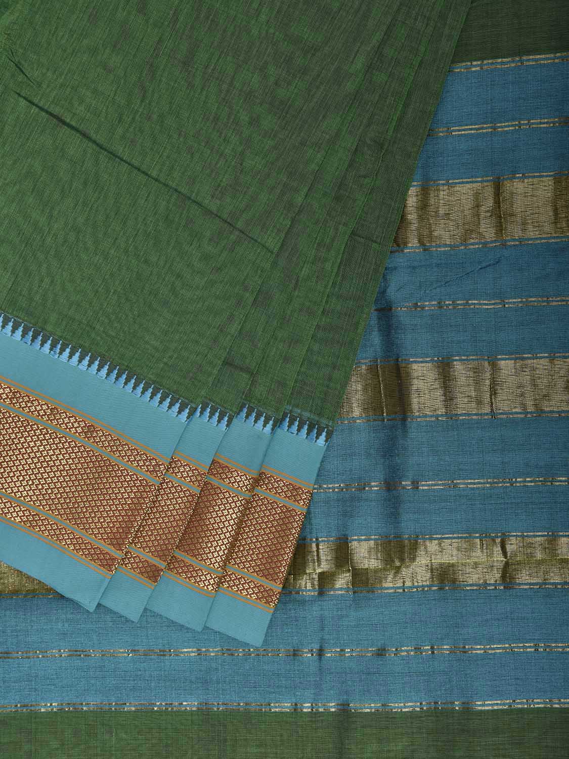 Green and Light Blue Bamboo Cotton Plain Saree with Contrast Pallu Design No Blouse bc1106