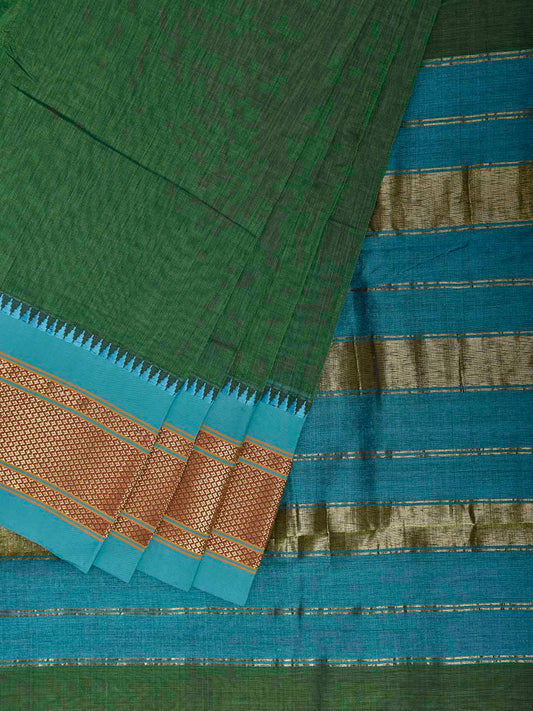 Green and Light Blue Bamboo Cotton Plain Saree with Contrast Pallu Design No Blouse bc1106