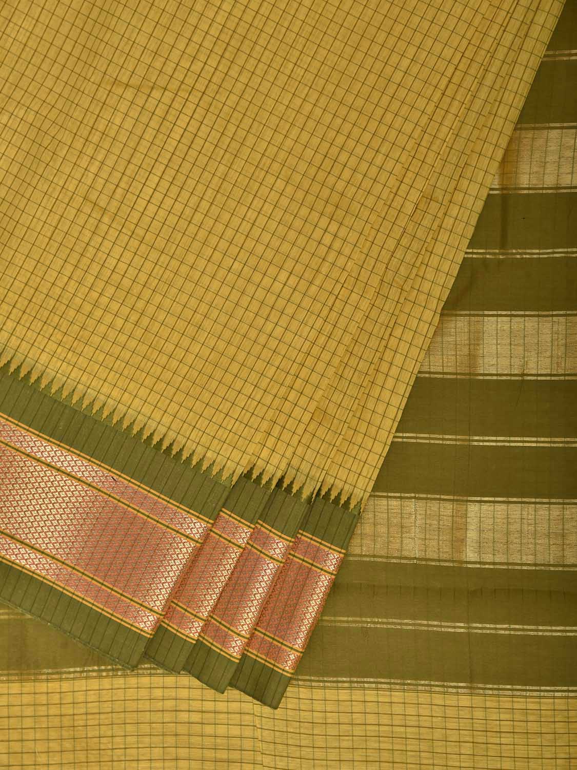Yellow and Green Bamboo Cotton Saree with Checks and Paithani Border Design No Blouse bc1107