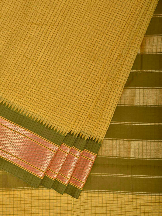 Yellow and Green Bamboo Cotton Saree with Checks and Paithani Border Design No Blouse bc1107