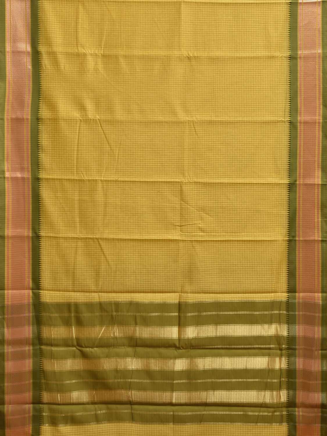 Yellow and Green Bamboo Cotton Saree with Checks and Paithani Border Design No Blouse bc1107