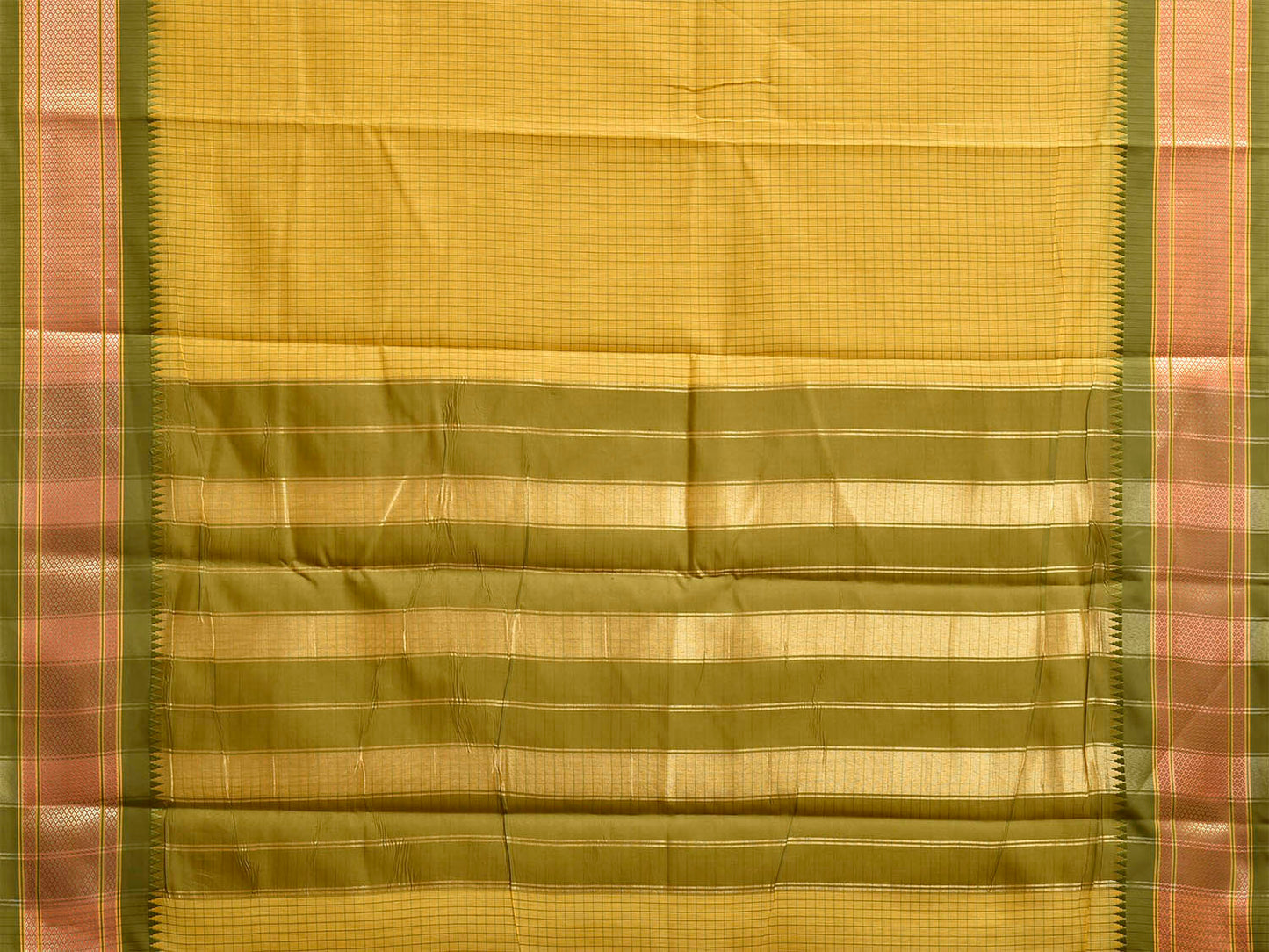 Yellow and Green Bamboo Cotton Saree with Checks and Paithani Border Design No Blouse bc1107