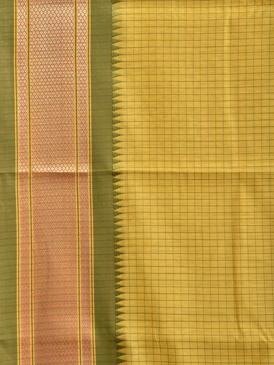 Yellow and Green Bamboo Cotton Saree with Checks and Paithani Border Design No Blouse bc1107