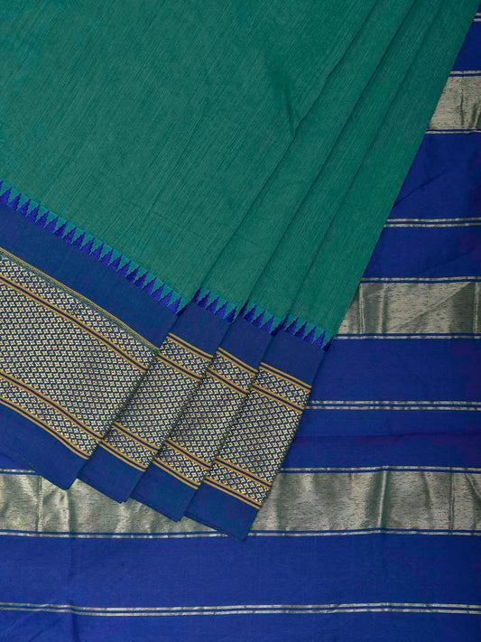 Teal and Blue Bamboo Cotton Plain Saree with Contrast Pallu Design No Blouse bc1108
