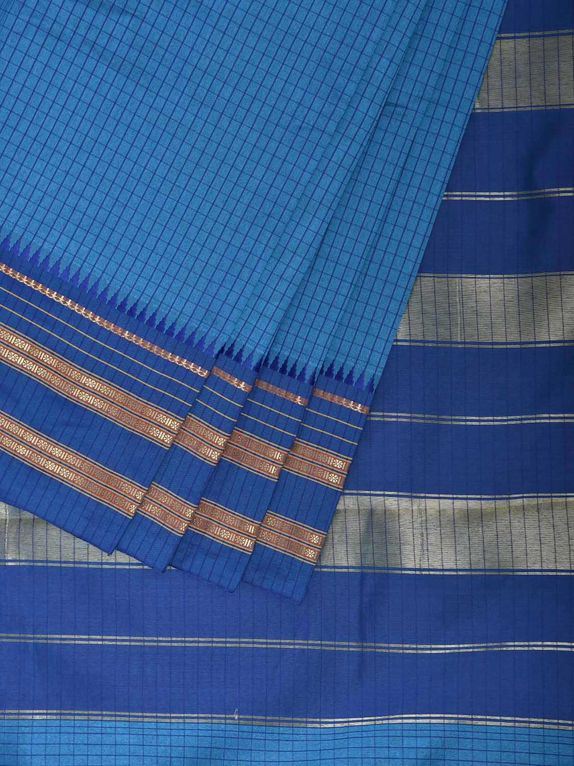 Blue Bamboo Cotton Viscose Silk Saree with Checks Design No Blouse bc1110