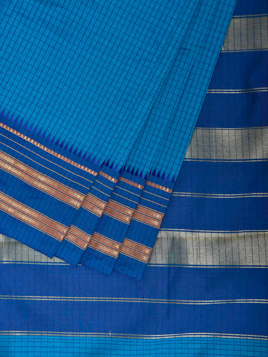 Blue Bamboo Cotton Viscose Silk Saree with Checks Design No Blouse bc1110