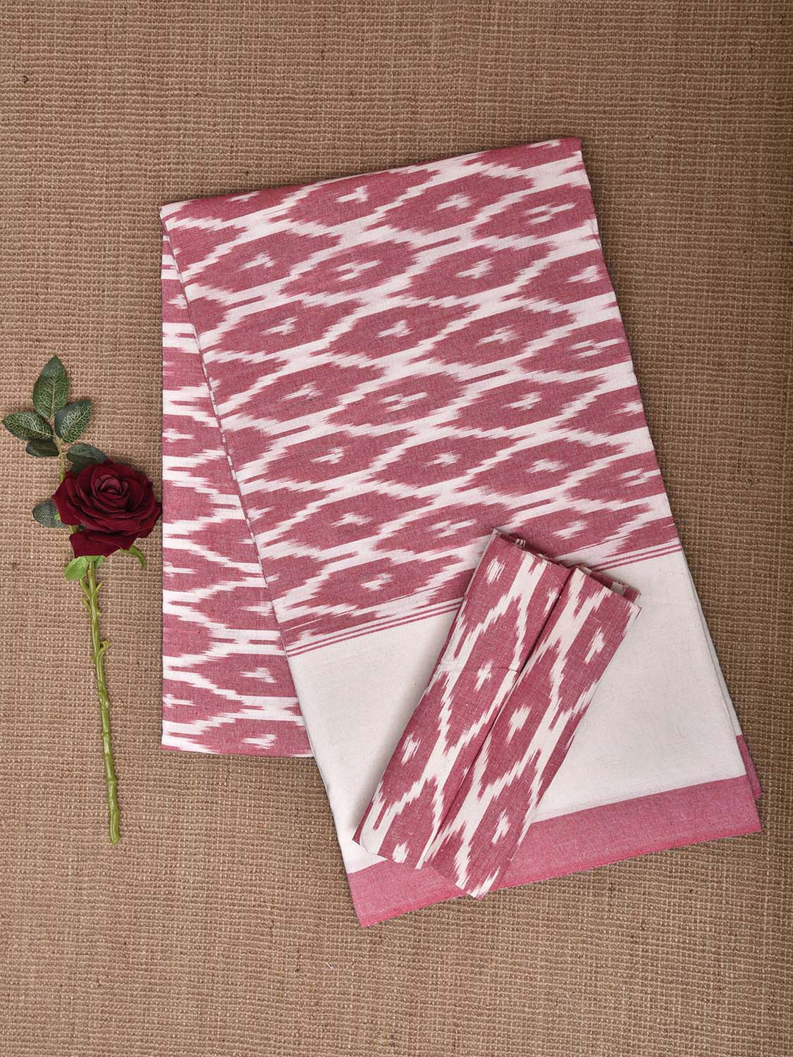 Pink and White Pochampally Ikat Cotton Handloom King Size Bedsheet with Grill Design 90 x 108 Inches with Pillow Covers bd0068