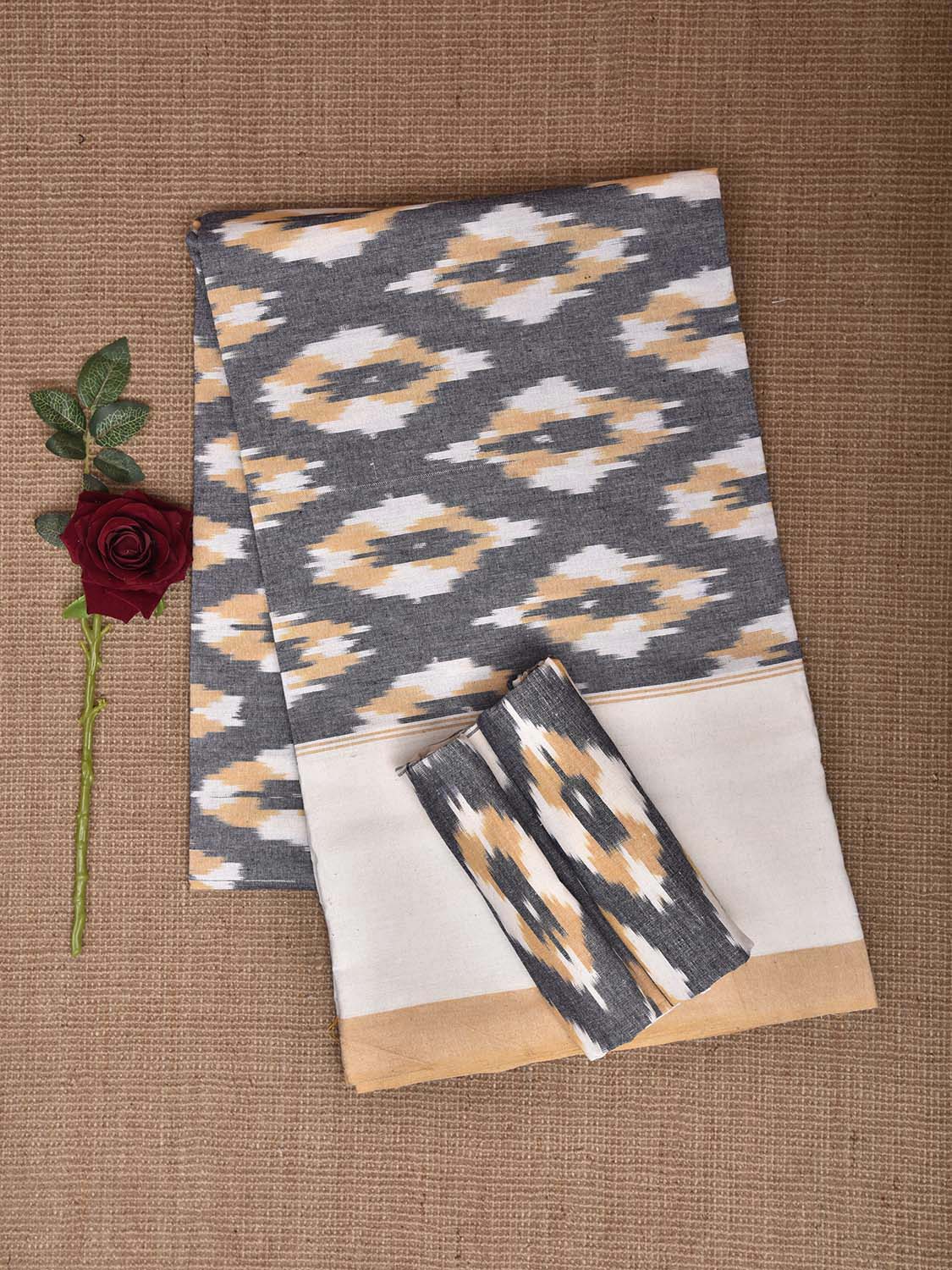 Grey and White Pochampally Ikat Cotton Handloom King Size Bedsheet with Buta Design 90 x 108 Inches with Pillow Covers bd0069