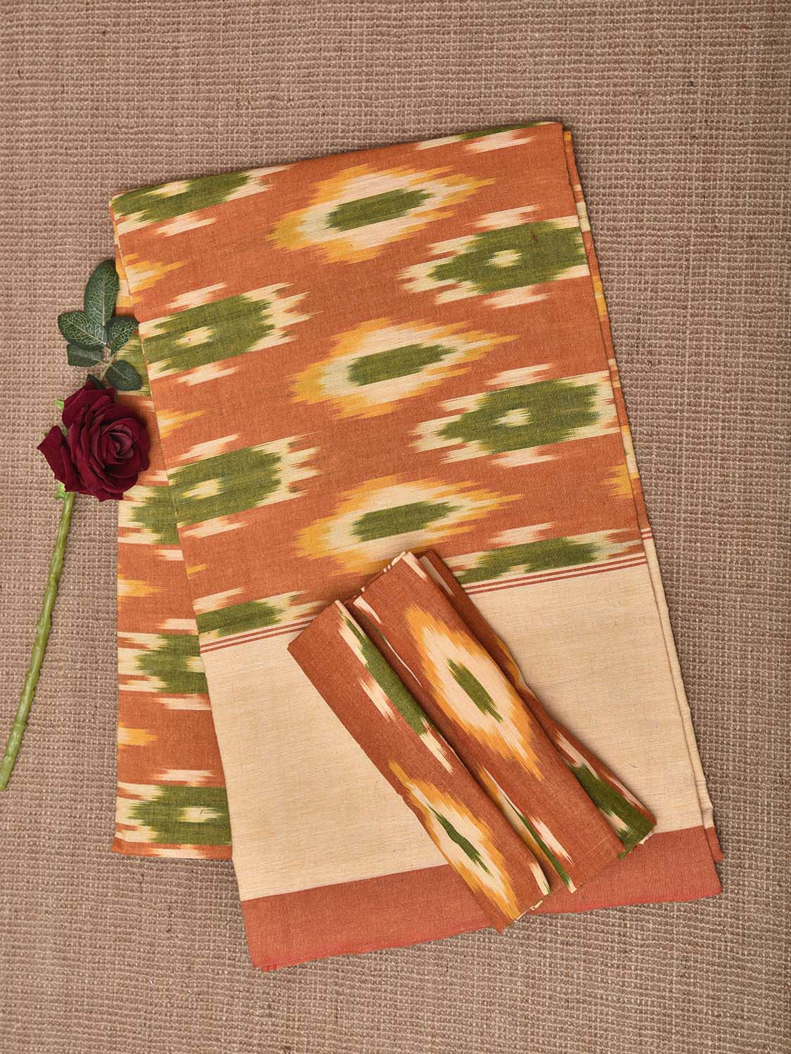 Orange and Cream Pochampally Ikat Cotton Handloom King Size Bedsheet with Buta Design 90 x 108 Inches with Pillow Covers bd0070