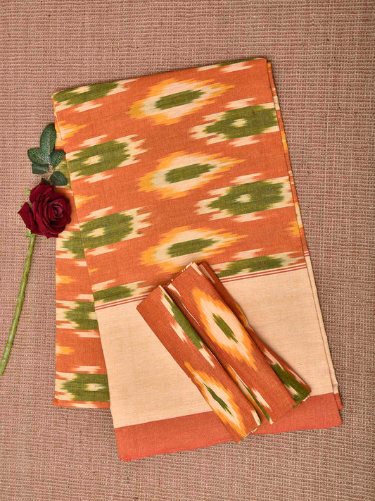 Orange and Cream Pochampally Ikat Cotton Handloom King Size Bedsheet with Buta Design 90 x 108 Inches with Pillow Covers bd0070