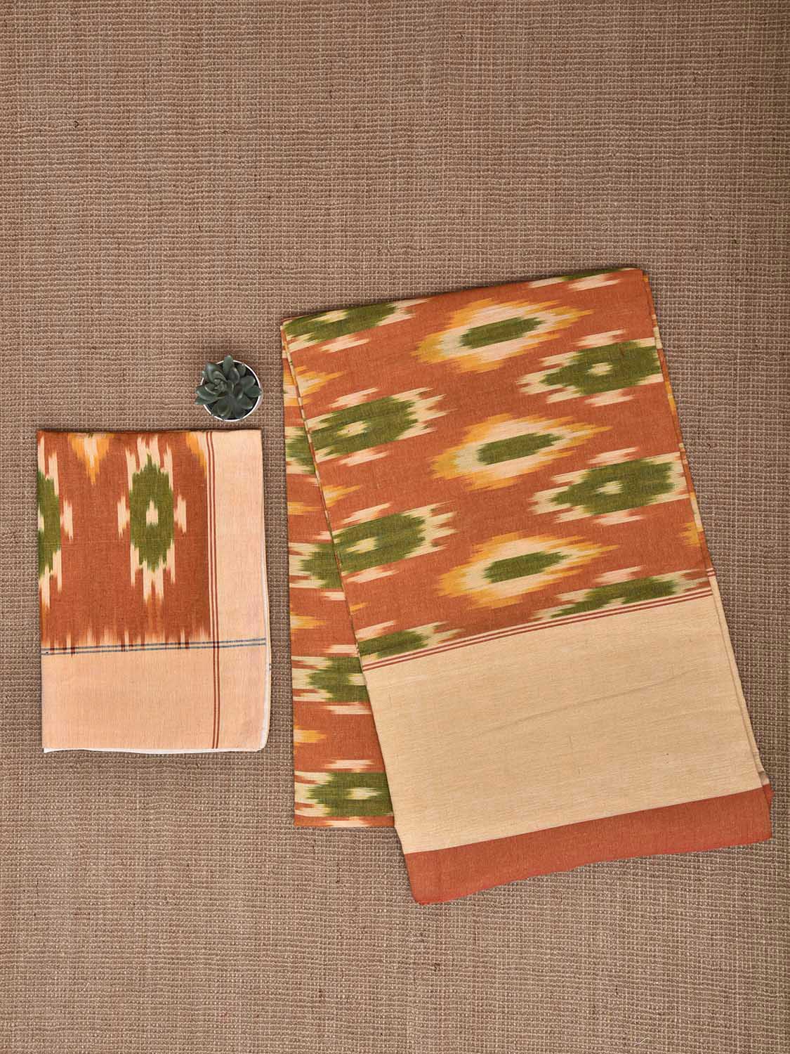 Orange and Cream Pochampally Ikat Cotton Handloom King Size Bedsheet with Buta Design 90 x 108 Inches with Pillow Covers bd0070