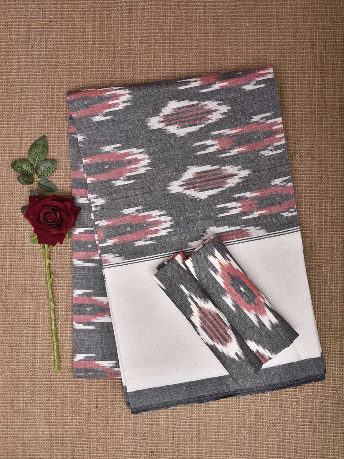 Grey and White Pochampally Ikat Cotton Handloom King Size Bedsheet with Buta Design 90 x 108 Inches with Pillow Covers bd0071