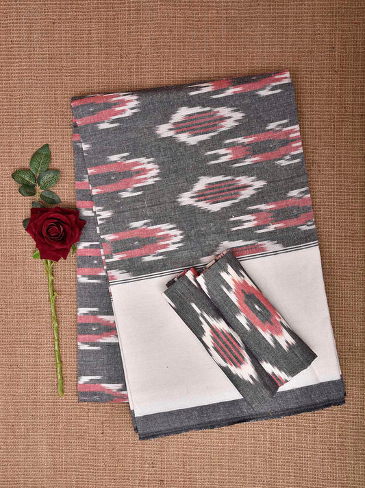 Grey and White Pochampally Ikat Cotton Handloom King Size Bedsheet with Buta Design 90 x 108 Inches with Pillow Covers bd0071