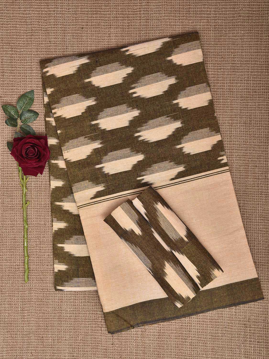 Olive and Cream Pochampally Ikat Cotton Handloom King Size Bedsheet with Buta Design 90 x 108 Inches with Pillow Covers bd0072