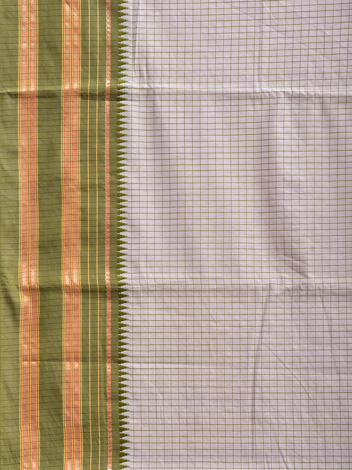 Beige and Green Bamboo Cotton Viscose Silk Saree with Checks Design No Blouse bc0834