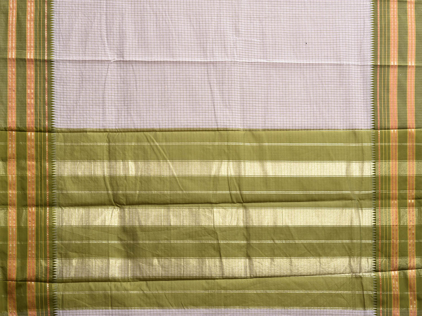 Beige and Green Bamboo Cotton Viscose Silk Saree with Checks Design No Blouse bc0834