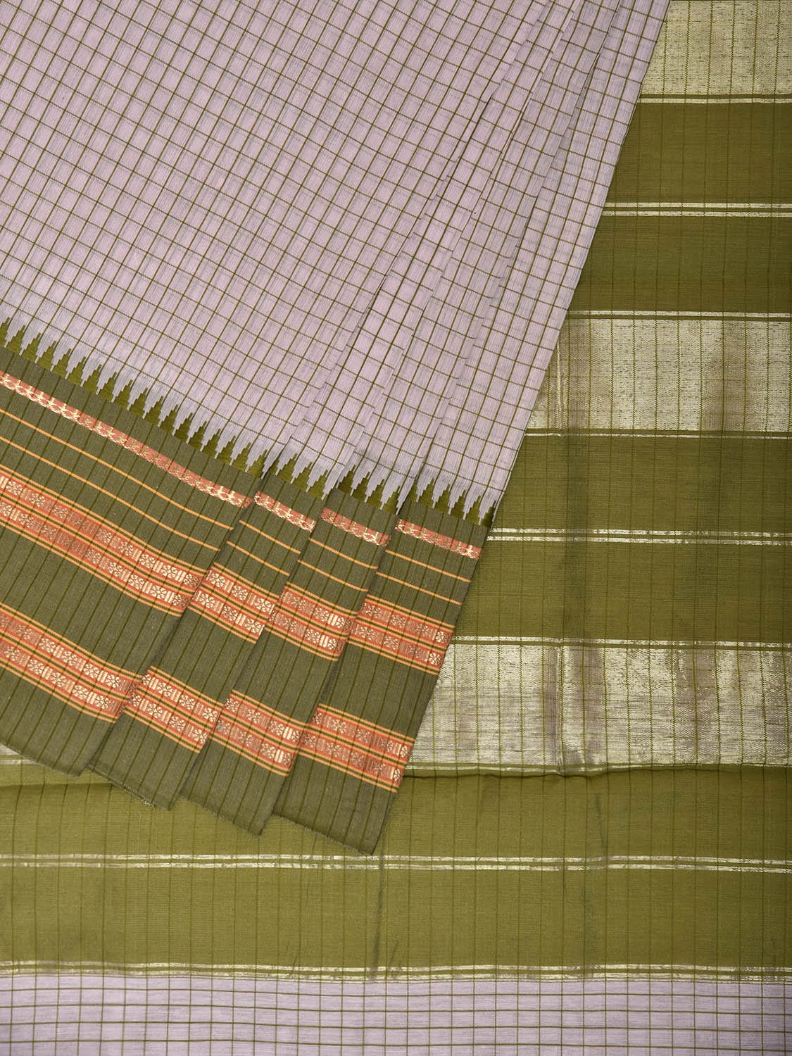 Beige and Green Bamboo Cotton Viscose Silk Saree with Checks Design No Blouse bc0834