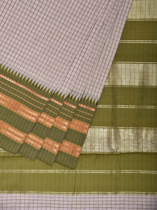 Beige and Green Bamboo Cotton Viscose Silk Saree with Checks Design No Blouse bc0834