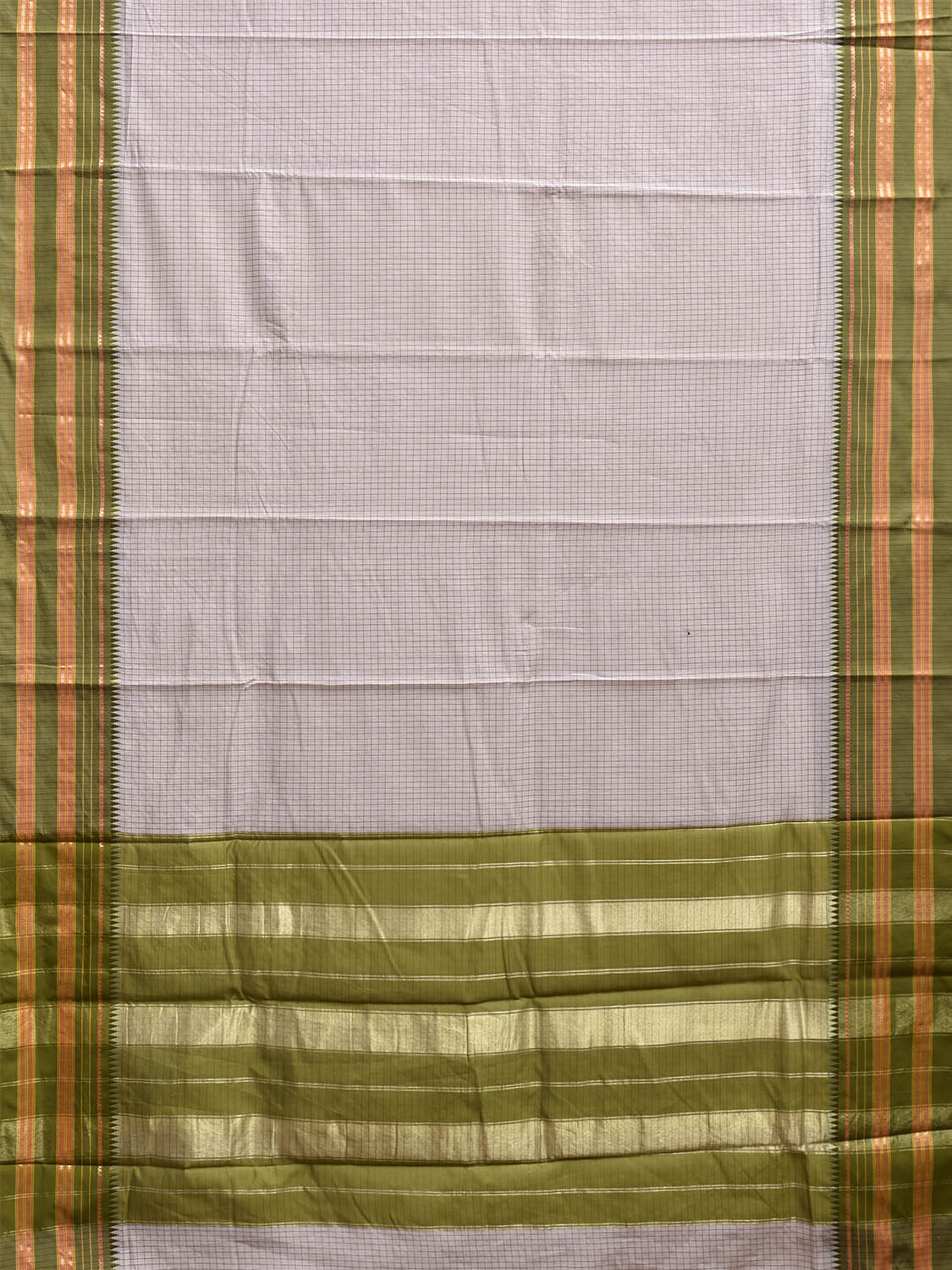 Beige and Green Bamboo Cotton Viscose Silk Saree with Checks Design No Blouse bc0834