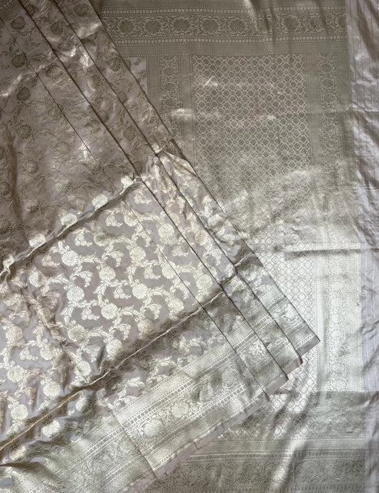 Beige Banaras Katan Silk Saree with Rich Zari Border and Floral Design b0075ds
