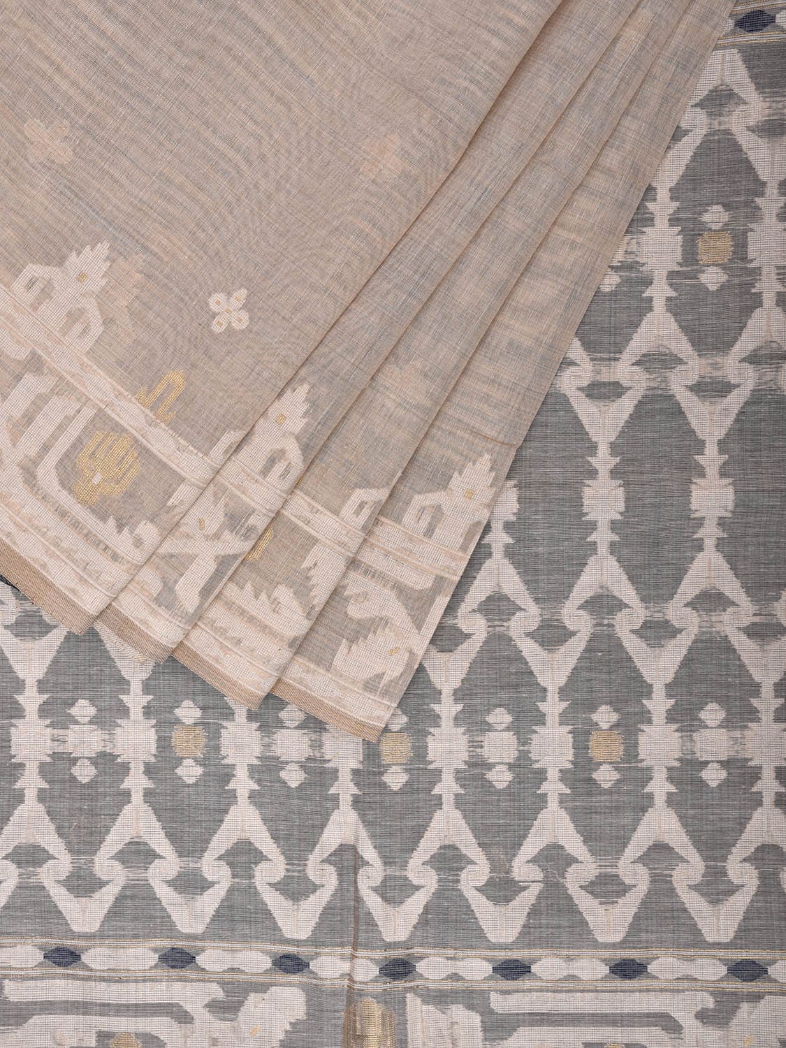 Beige Dhakai Jamdani Cotton Viscose Saree with Border and Pallu Design dj0044
