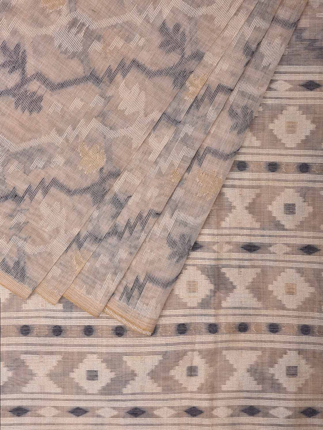 Beige Dhakai Jamdani Cotton Viscose Saree with Diagonal Body and Pallu Design dj0029