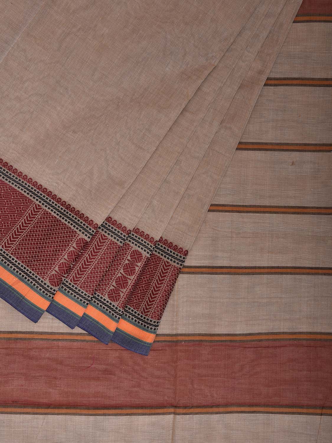 Beige Kanchipuram Cotton Plain Saree with Strips and Border Design k0862