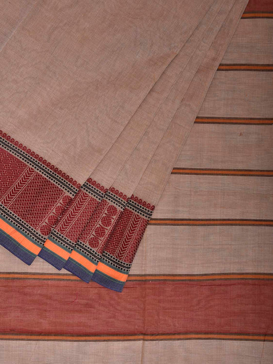 Beige Kanchipuram Cotton Plain Saree with Strips and Border Design k0862