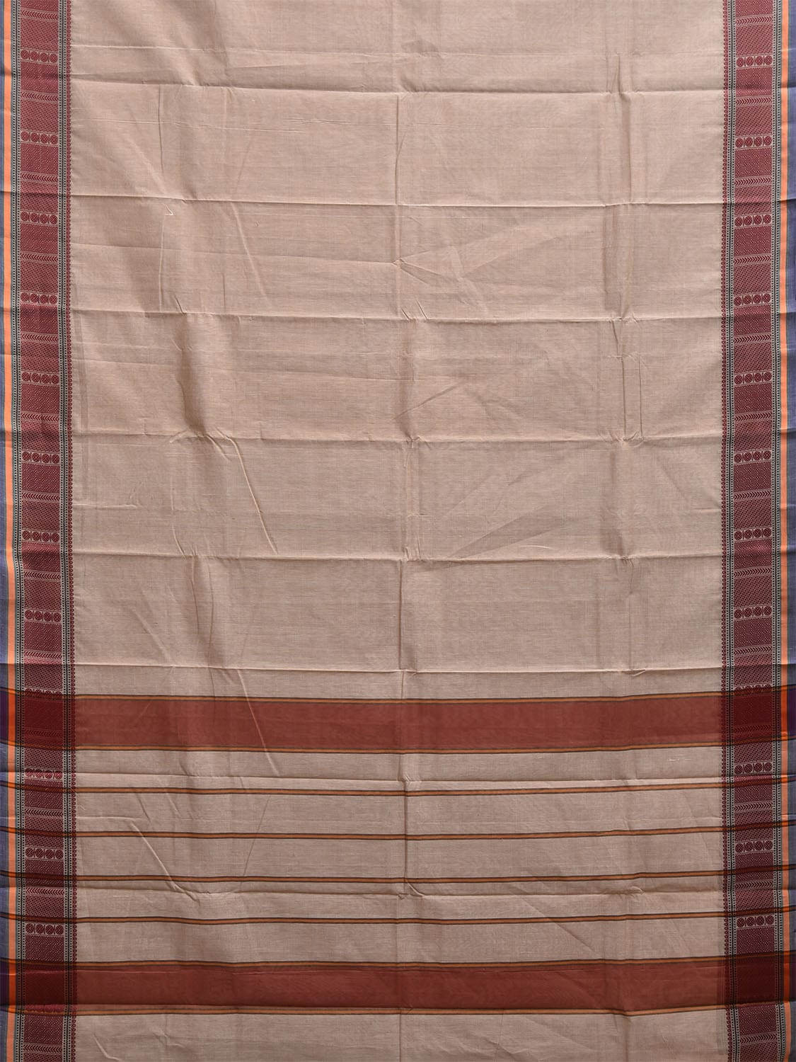 Beige Kanchipuram Cotton Plain Saree with Strips and Border Design k0862