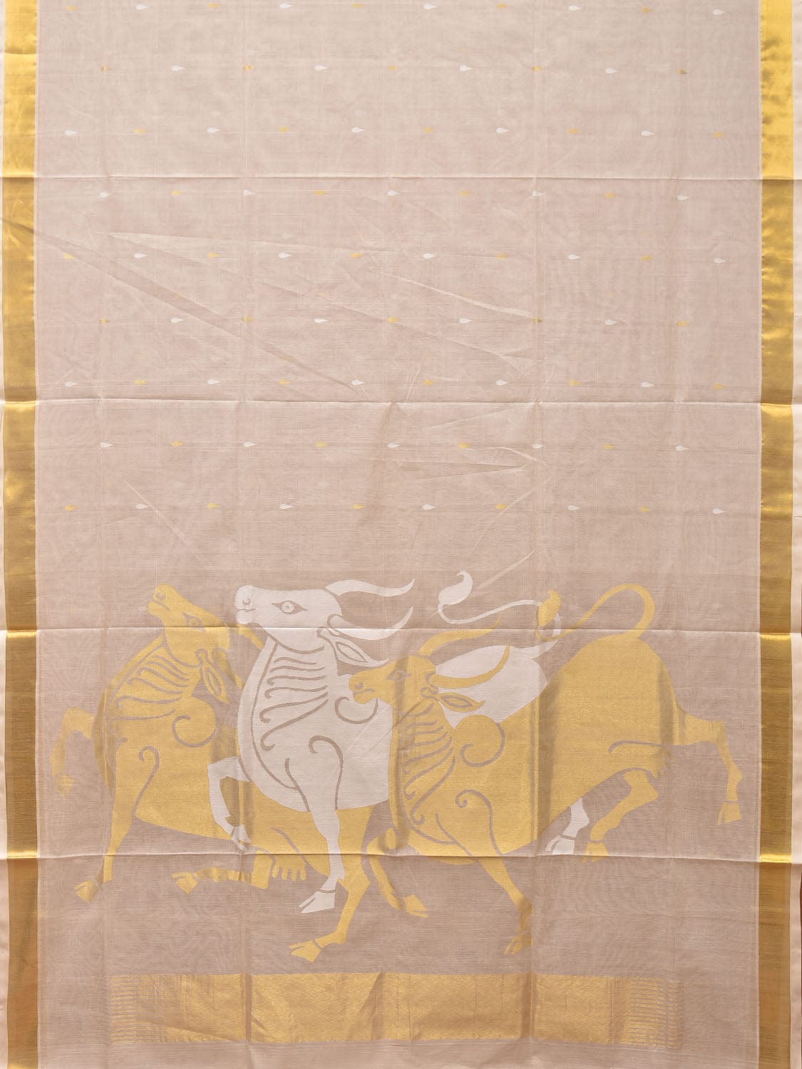 Beige Khadi Cotton Handloom Saree Saree with Bulls Design kh0605