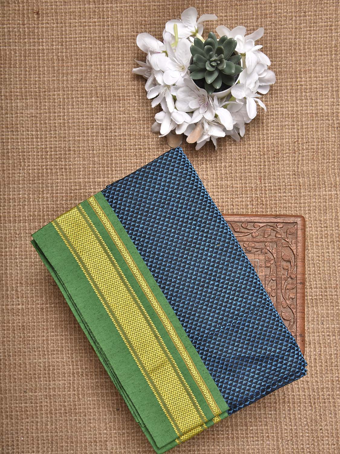 Blue and Green Jacquard Cotton Viscose Blouse with Border Design 1mt Length 45 Inches Width BL0028