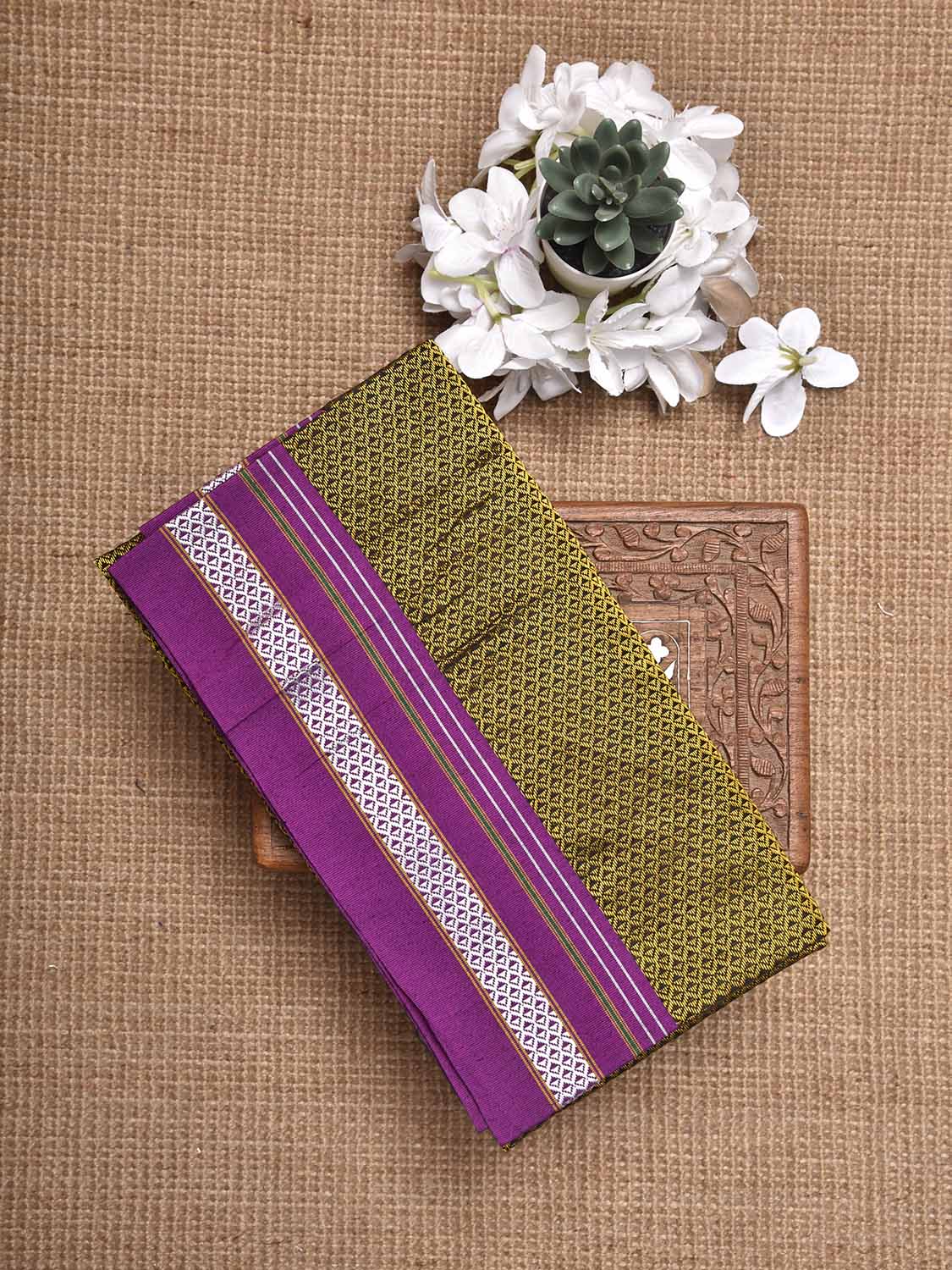 Olive and Purple Jacquard Cotton Viscose Blouse with Border Design 1mt Length 45 Inches Width BL0029