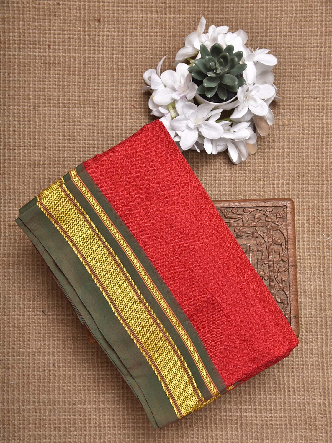 Red and Green Jacquard Cotton Viscose Blouse with Border Design 1mt Length 45 Inches Width BL0032