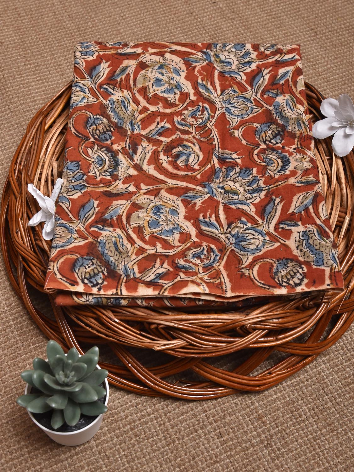 Red and Blue Kalamkari Block Print Cotton Blouse with Floral Design 1.2mt Length 35 Inches Width BL0037