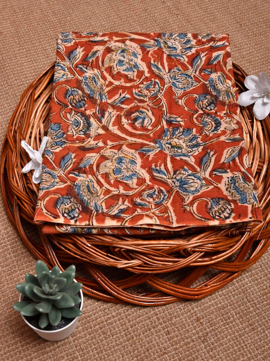 Red and Blue Kalamkari Block Print Cotton Blouse with Floral Design 1.2mt Length 35 Inches Width BL0037