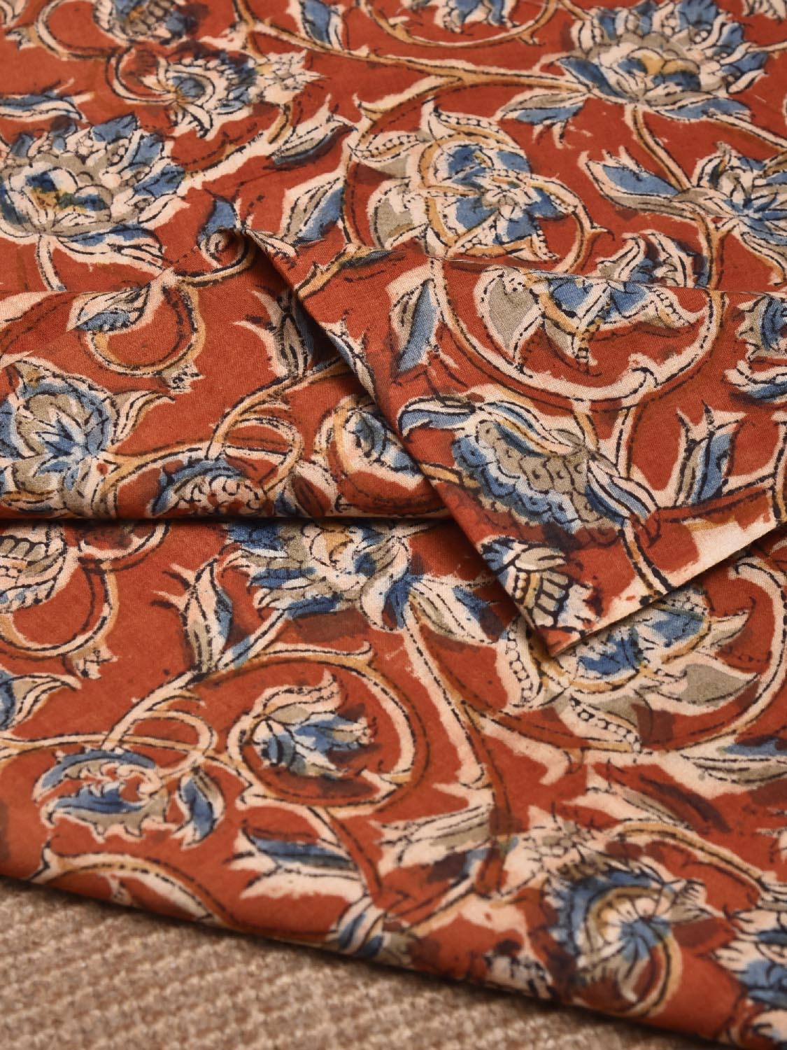 Red and Blue Kalamkari Block Print Cotton Blouse with Floral Design 1.2mt Length 35 Inches Width BL0037